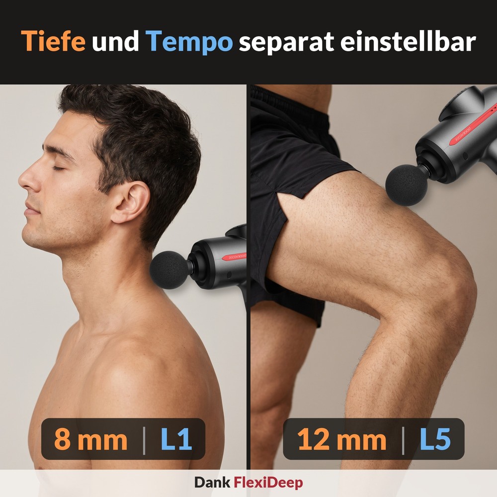 Tiefe und Tempo separat einstellbar: am Nacken 8 mm Massagetiefe bei Tempo L1, am Oberschenkel 12 mm bei Tempo L5 – dank FlexiDeep®