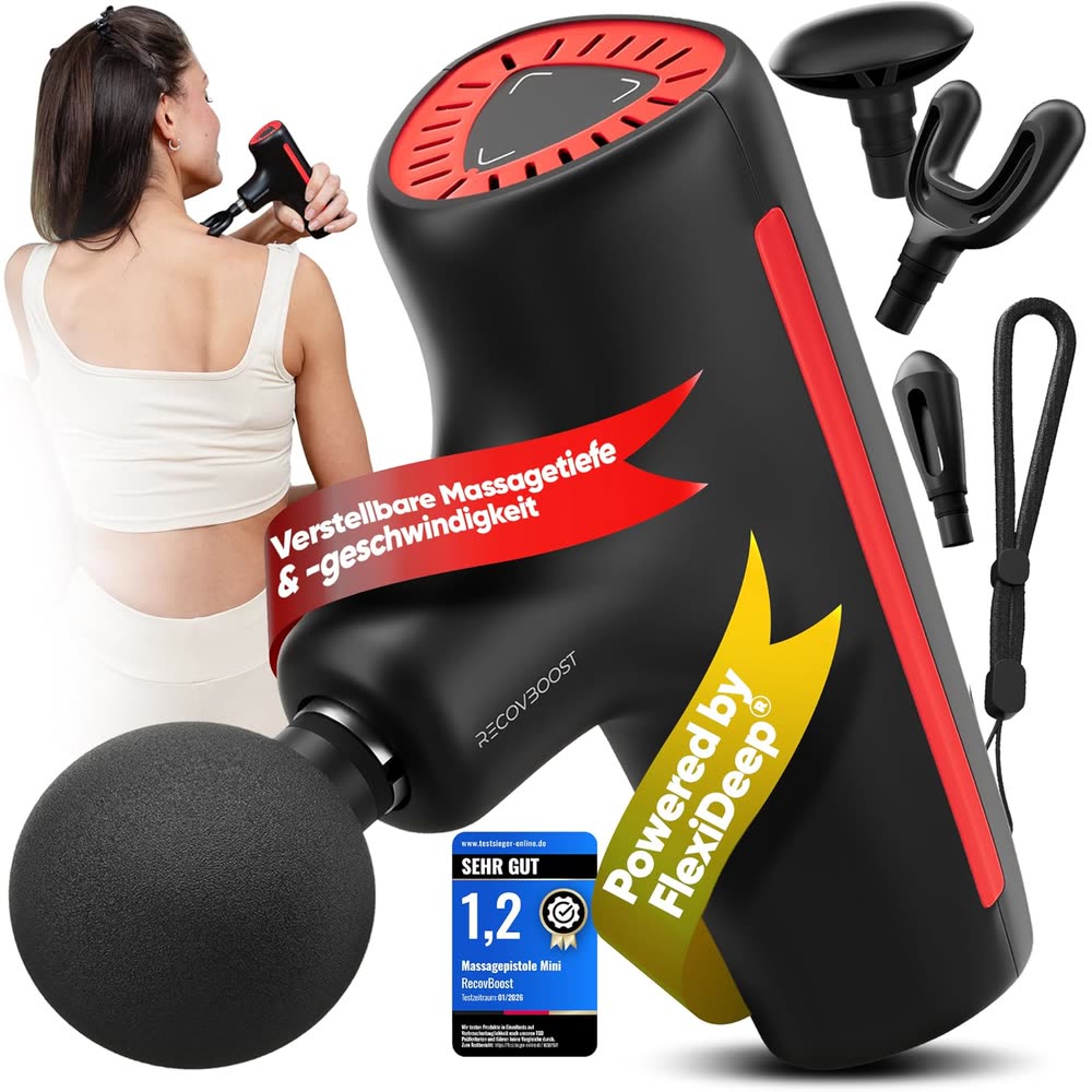 RecovBoost MINI Massagepistole mit 4 Aufsätzen und Handschlaufe