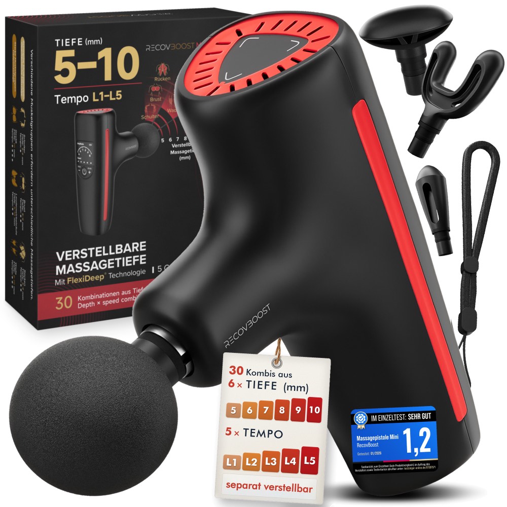 RecovBoost MINI Massagepistole mit Verpackung, 4 Aufsätzen, Handschlaufe und Anhänger mit Massagetiefe 5–10 mm und 5 Tempostufen