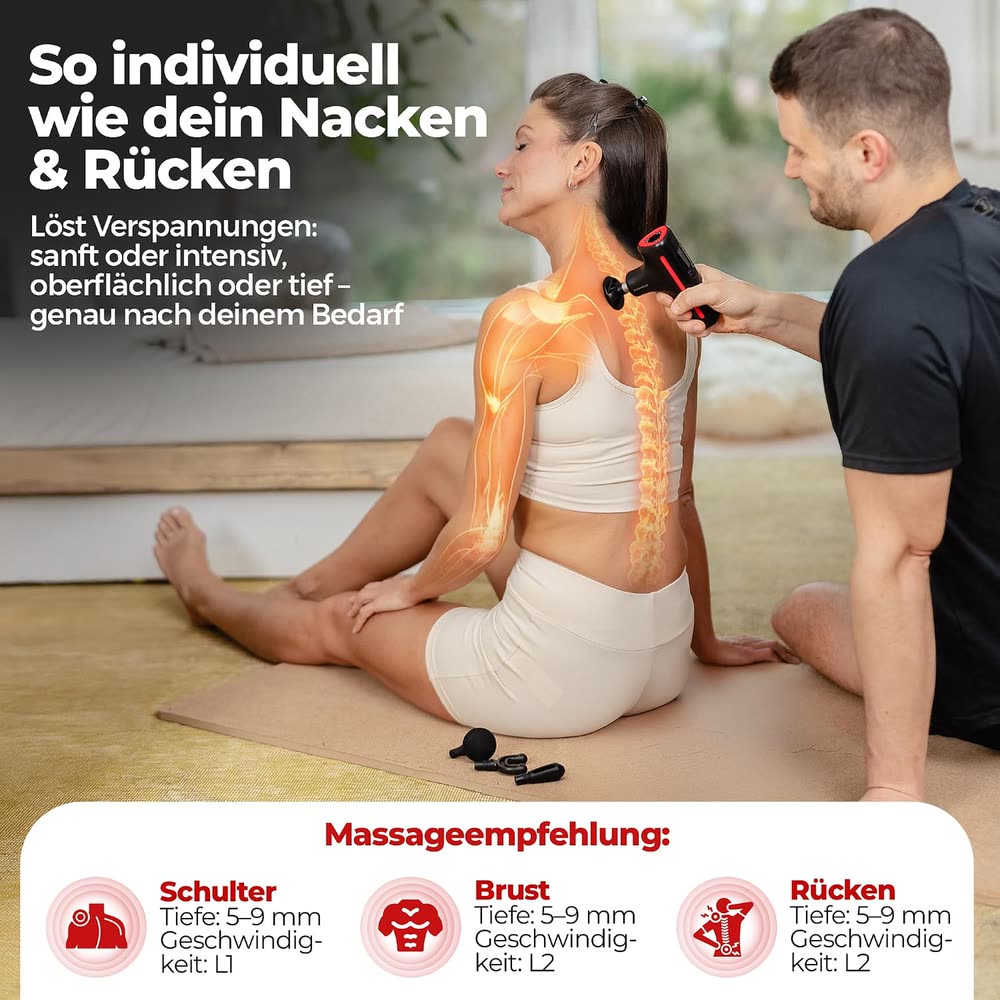 Anwendung an Nacken und Rücken mit Massageempfehlung für Schulter, Brust und Rücken