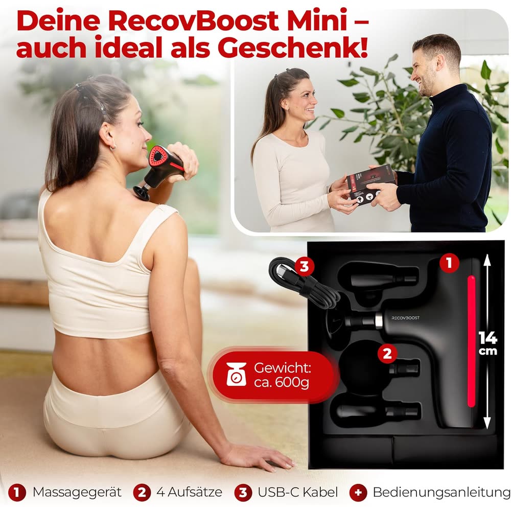 Lieferumfang der RecovBoost MINI: Massagegerät, 4 Aufsätze, USB-C Kabel und Anleitung