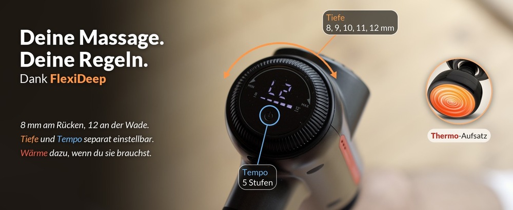 Nahaufnahme des Drehrings der RecovBoost PRO mit Bogenpfeil, daneben der leuchtende Thermo-Aufsatz. Bildtext: „Deine Massage. Deine Regeln. Dank FlexiDeep.“ Hinweise: Tiefe 8, 9, 10, 11, 12 mm, Tempo 5 Stufen, Thermo-Aufsatz. „8 mm am Rücken, 12 an der Wade. Tiefe und Tempo separat einstellbar. Wärme dazu, wenn du sie brauchst.“